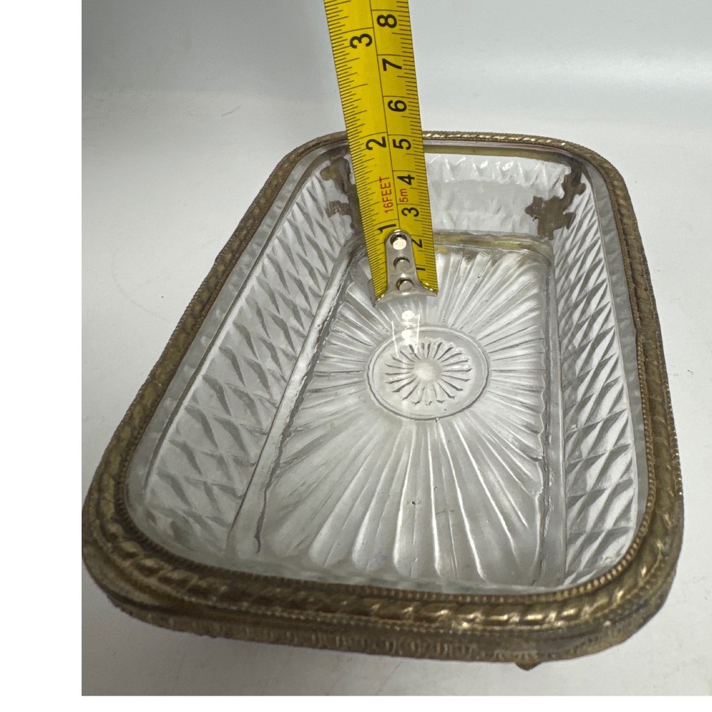 Vintage Crystal Glass Trinket Dish Brass Filigree Frame Gold Rectangular Good 5" - Picture 9 of 11